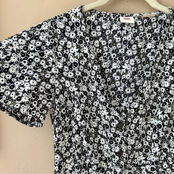 Levi's Brooks Caviar 90s Midi Dress Black White Daisy Floral Button Front V-Neck - Picture 7 of 12